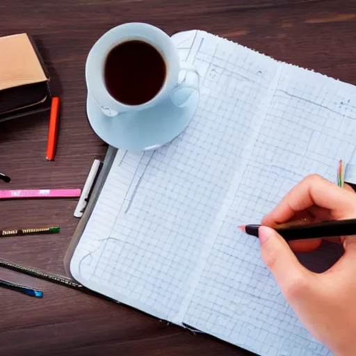 A young woman in a blue hoodie sitting at a desk, with a notebook and a laptop in front of her. She is holding a pen in her hand and looks focused.