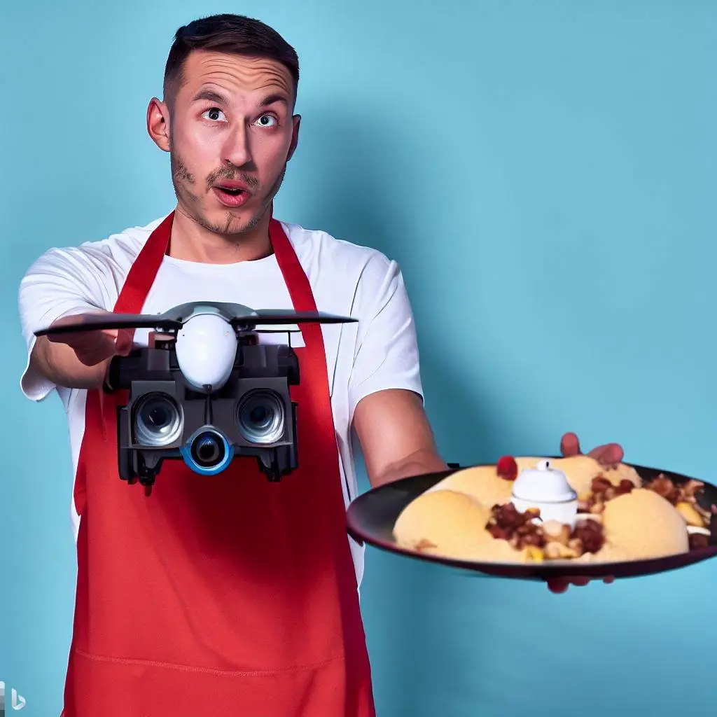 An image of delivery drone, with the caption "Food delivery drone."