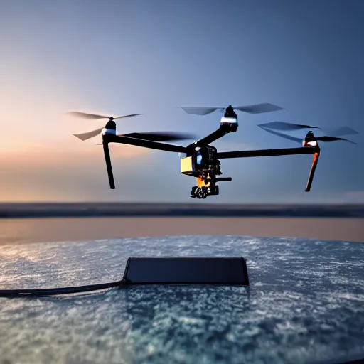 An image of a drone carrying a camera attached to its body, flying over a scenic coastal area. The drone is equipped with a high-definition camera to capture images and videos of the landscape.