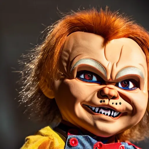 A scary looking child's Halloween costume of Chucky the Killer Doll. The costume has the typical red hair and scars on its face, as well as a yellow shirt and blue overalls. It appears as if the child is holding a knife. It is perfect for any Halloween parties or trick-or-treating events.