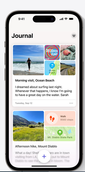  Screenshot of the journal app on an iPhone, showing a morning visit to Ocean Beach.
