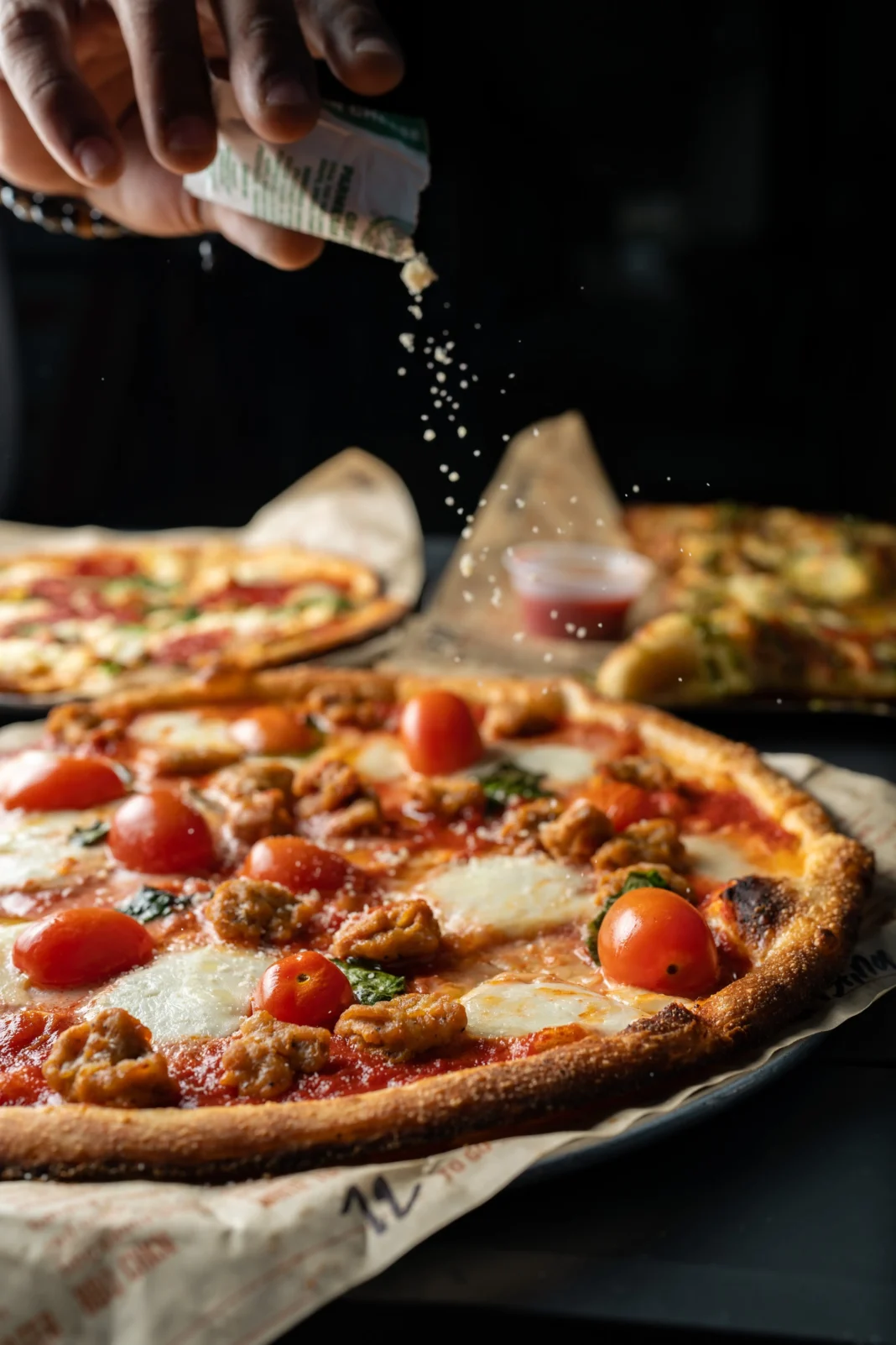 Reducing Salt Intake Without Sacrificing Flavor. This is image of pizza and man pouring salt in it.