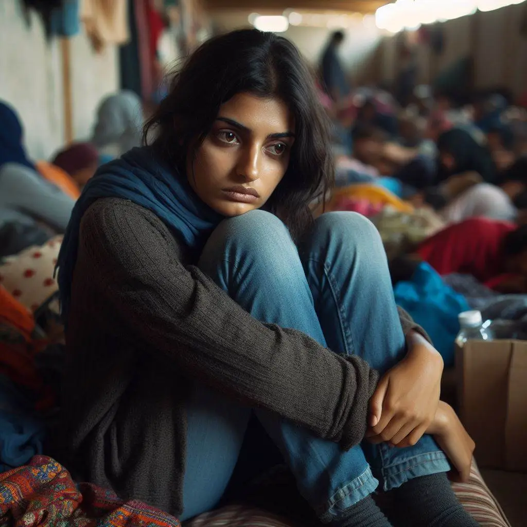 AI generated Image of Depressed Refugee: Visualize a weary refugee sitting on a makeshift bed in a crowded shelter. Their shoulders slump, and their gaze is distant. The trauma of displacement and separation from family weighs heavily on their soul.