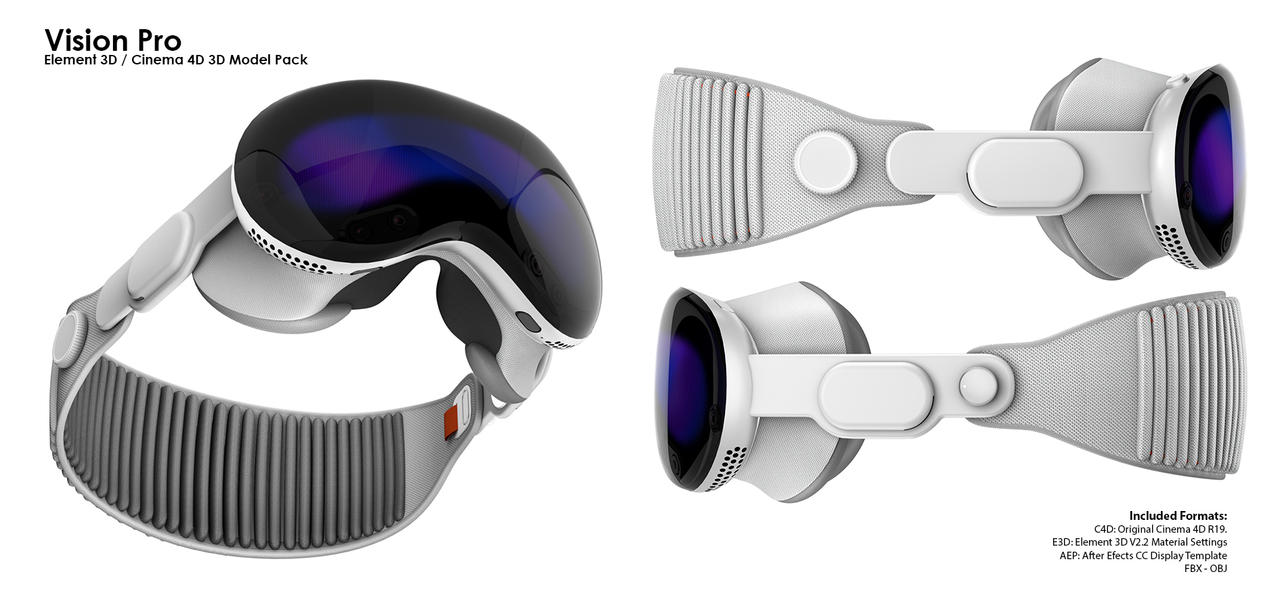 A 3D model of a Vision Pro virtual reality headset with a sleek design, featuring a dark visor and textured white straps.