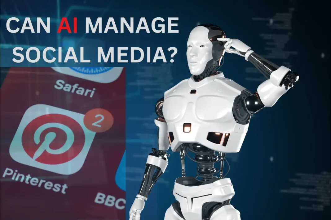 A silver humanoid robot with a blurred head stands in front of a screen filled with social media icons like Safari and Pinterest. Bold white text asks, 