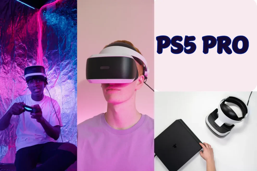 Three images combined into one. On the left, a person sits with a virtual reality headset and controller against a neon pink and blue background. In the center, another person stands wearing a VR headset against a plain background. On the right, a top view shows hands putting a laptop into a bag beside VR equipment with the words 