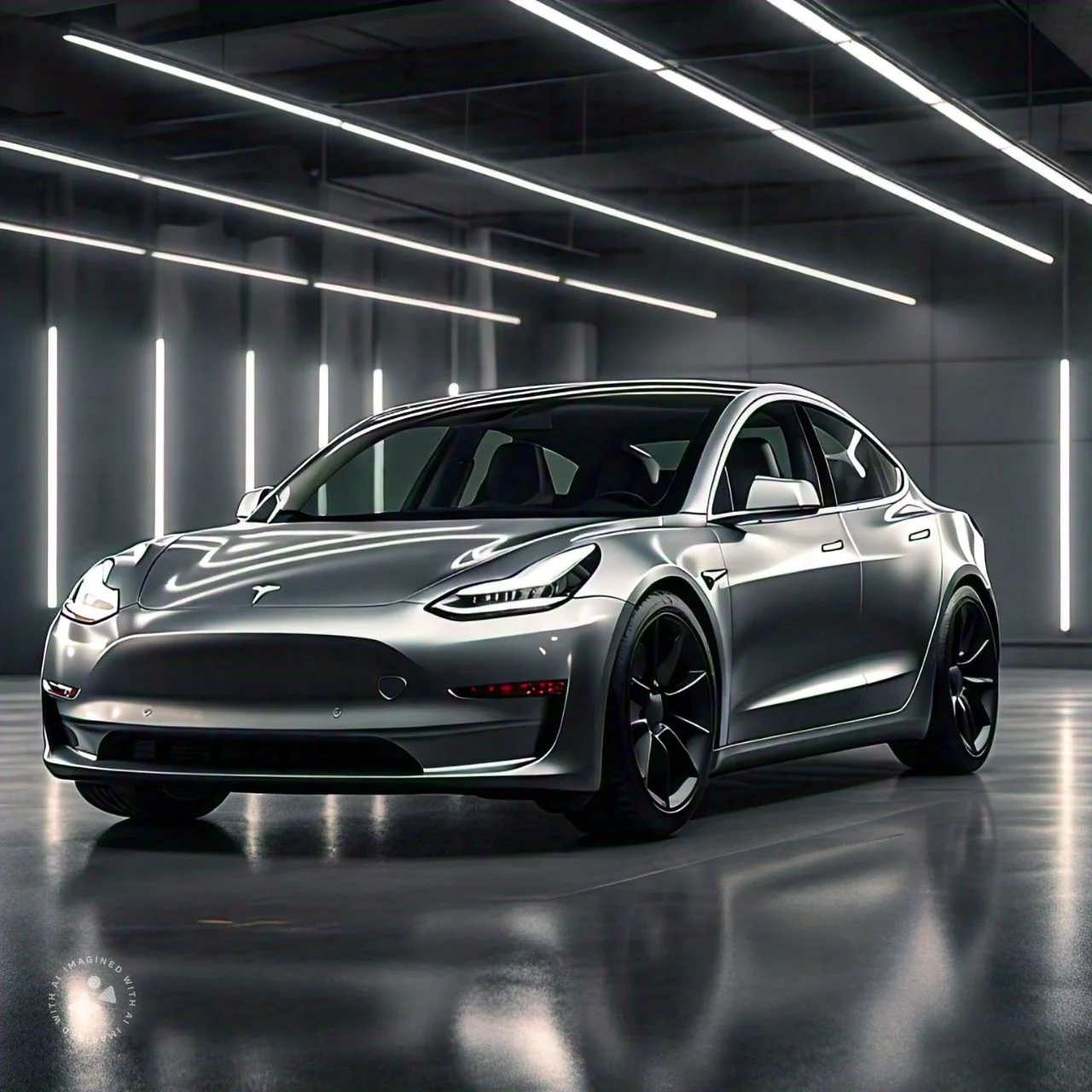 A shiny, metallic gray Tesla Model 3 electric car is parked in a bright, modern garage with white LED lights above.