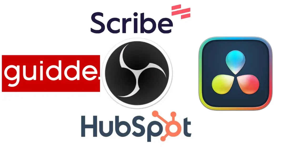 A simple collage showing logos of Top 5 free Tools for Making Software Tutorials: Scribe, Guidde, OBS Studio, HubSpot, and DaVinci Resolve. Each logo is distinct—Scribe with purple text, Guidde on a red background, OBS Studio's black and white circular symbol, HubSpot with blue text and an orange icon, and DaVinci Resolve with a colorful triangle.