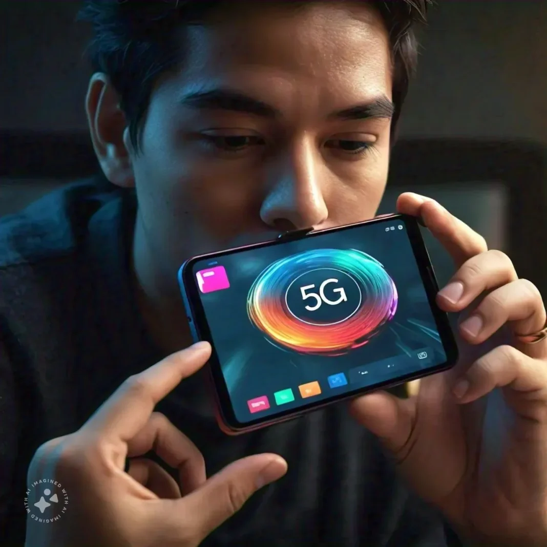 A man holding a smartphone horizontally, displaying a colorful screen with the text 