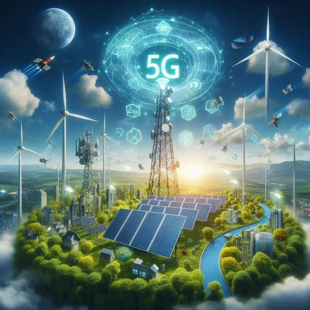 A picture showing a 5G tower powered by renewable energy sources like solar panels and wind turbines. It highlights how 5G can be more environmentally friendly.