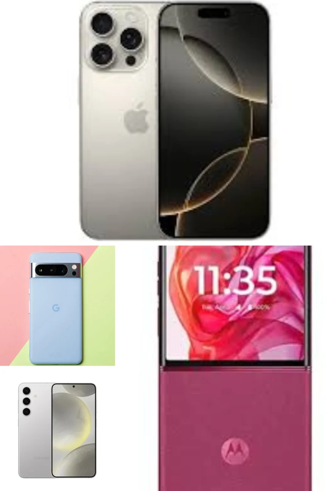 A collage of four modern smartphones, featuring different designs and colors.