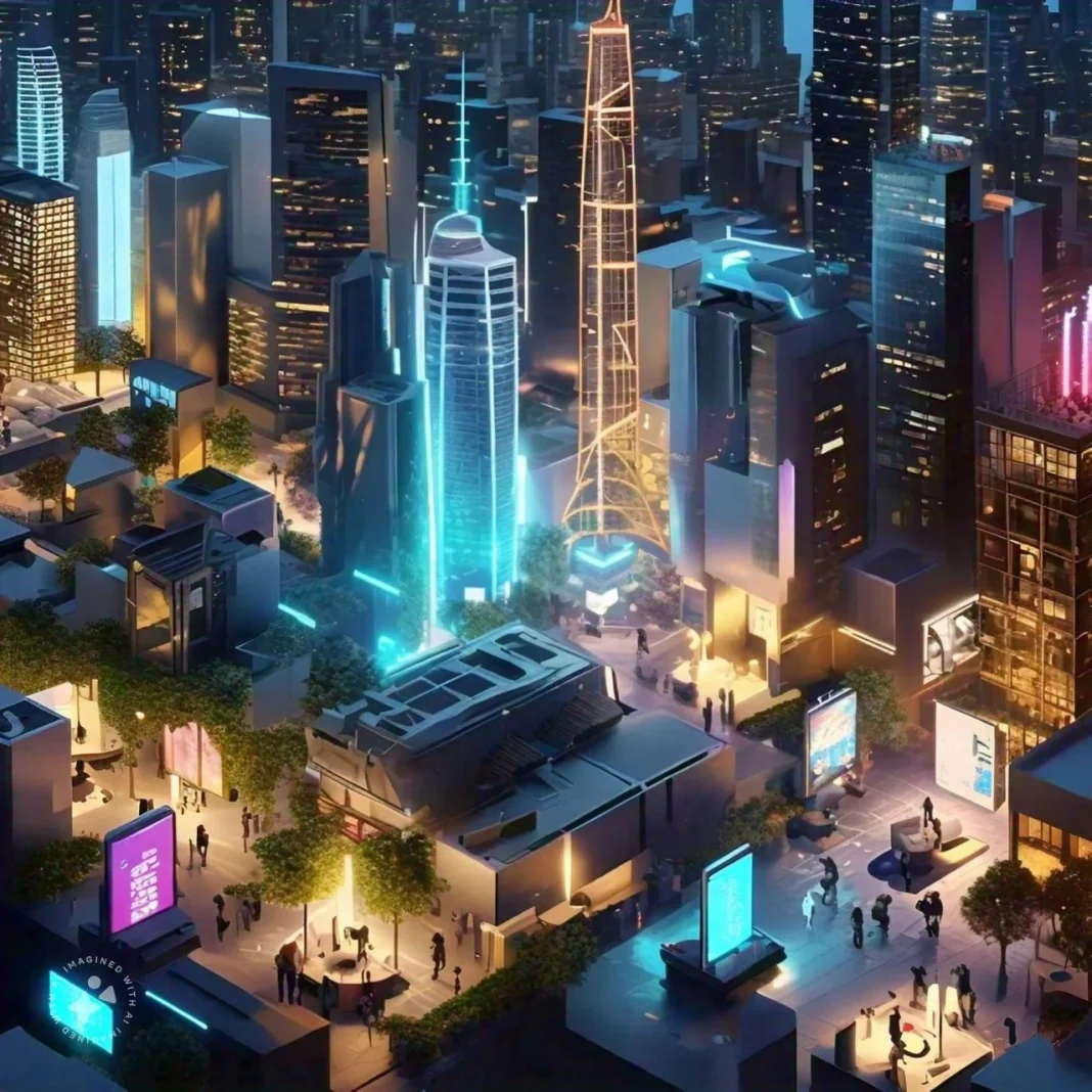 A futuristic cityscape with sleek skyscrapers, flying cars, and 5G towers transmitting wireless signals to various devices.