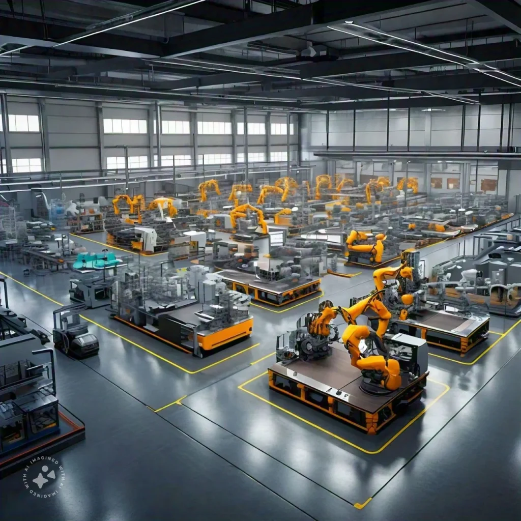 : A futuristic smart factory with robots, automated machinery, and sensors, illustrating smart manufacturing enabled by 5G technology