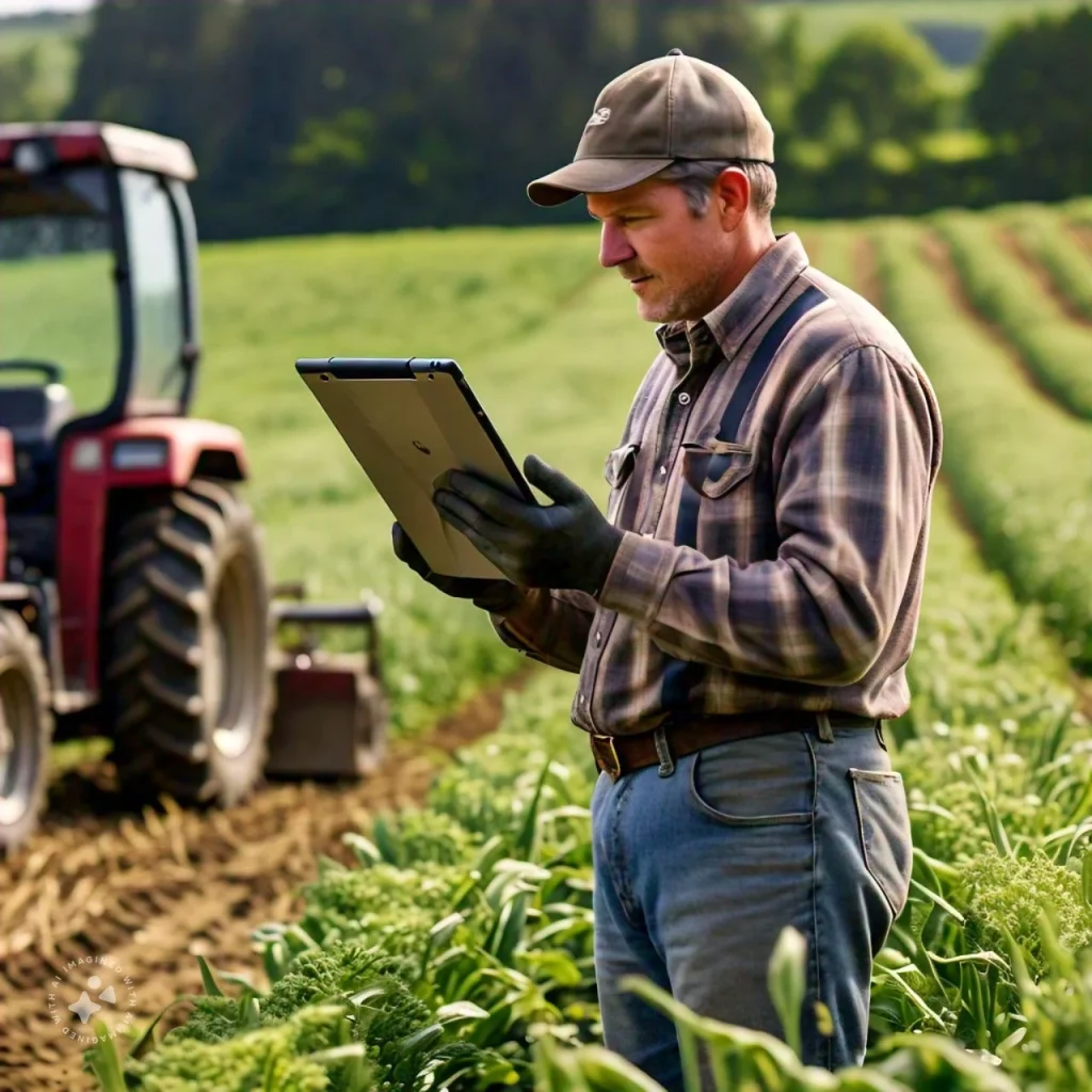 A farmer standing in a field, holding a tablet and monitoring crop data, illustrating the use of 5G technology in precision agriculture.