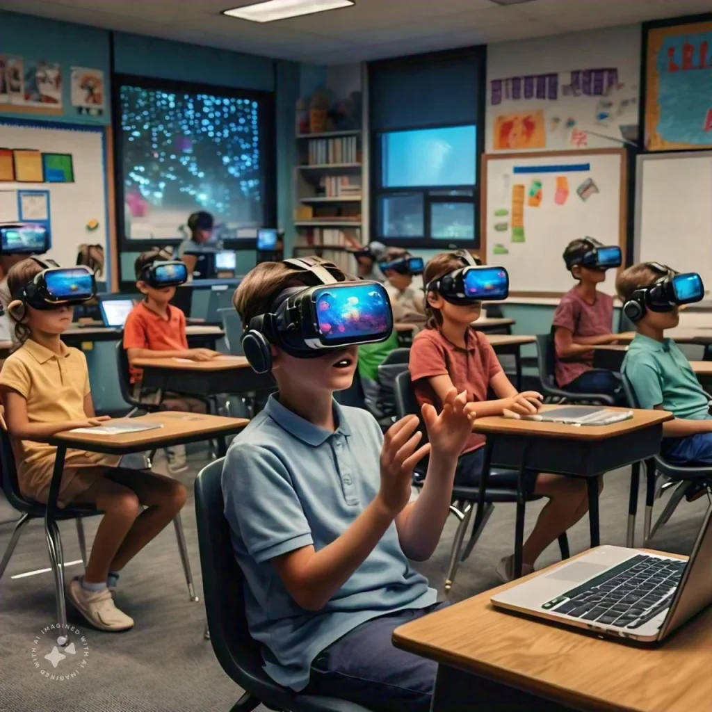 Students wearing VR headsets in a classroom, interacting with virtual objects and environments, illustrating immersive learning experiences enabled by 5G technology.