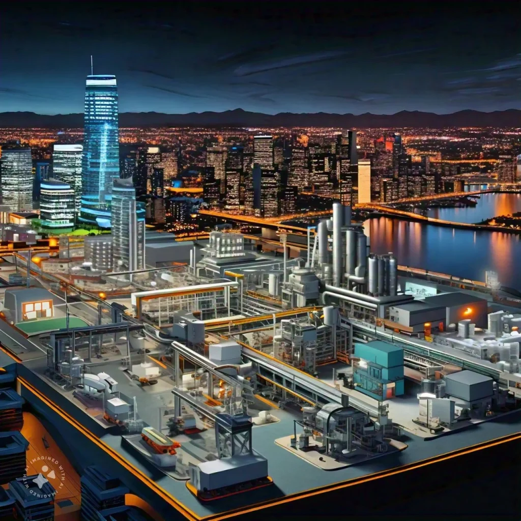 A virtual replica of a city or manufacturing plant, illustrating the concept of digital twins and their potential to simulate, predict, and optimize real-world operations.