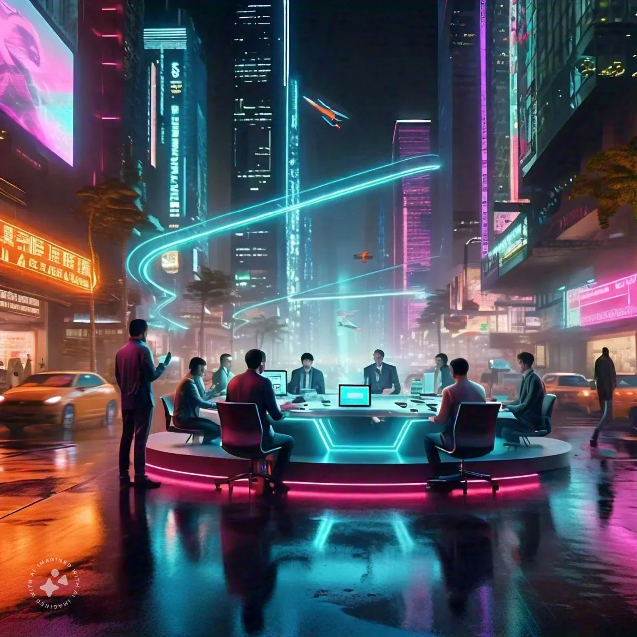 A futuristic illustration of a cityscape with 5G network signals and emerging technologies like drones, self-driving cars, and augmented reality.