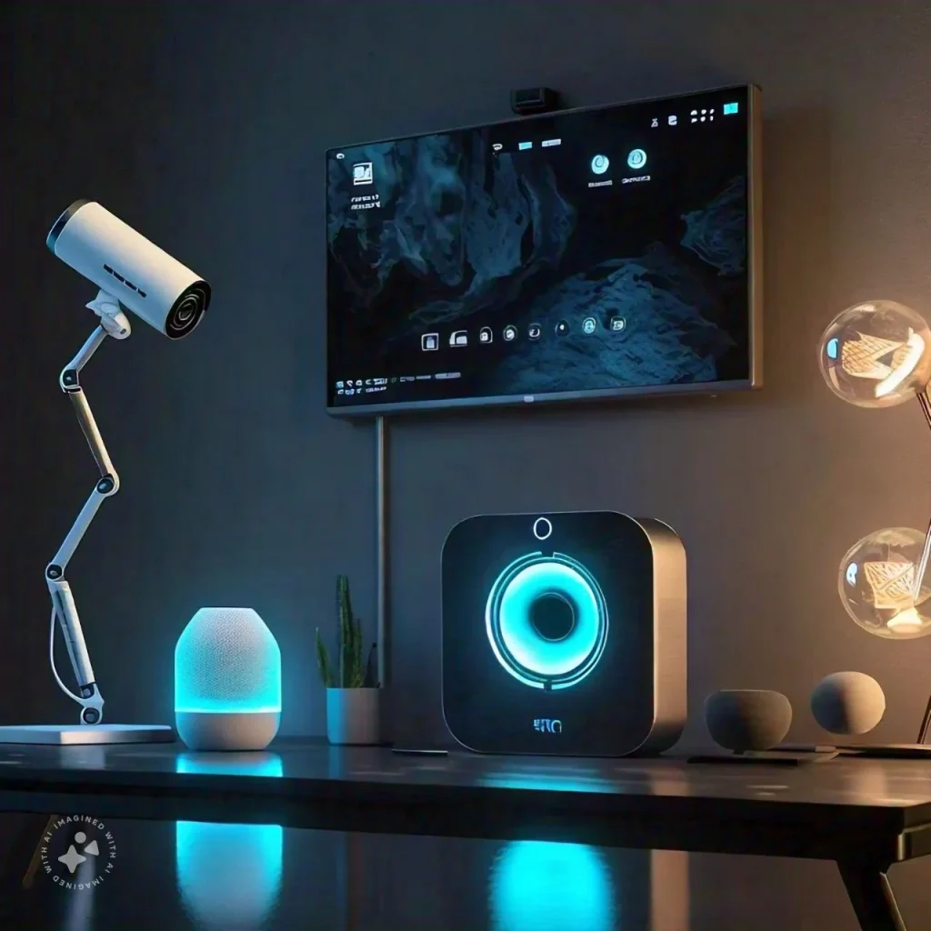 A smart home with connected devices like lights, cameras, and speakers, all using 5G.