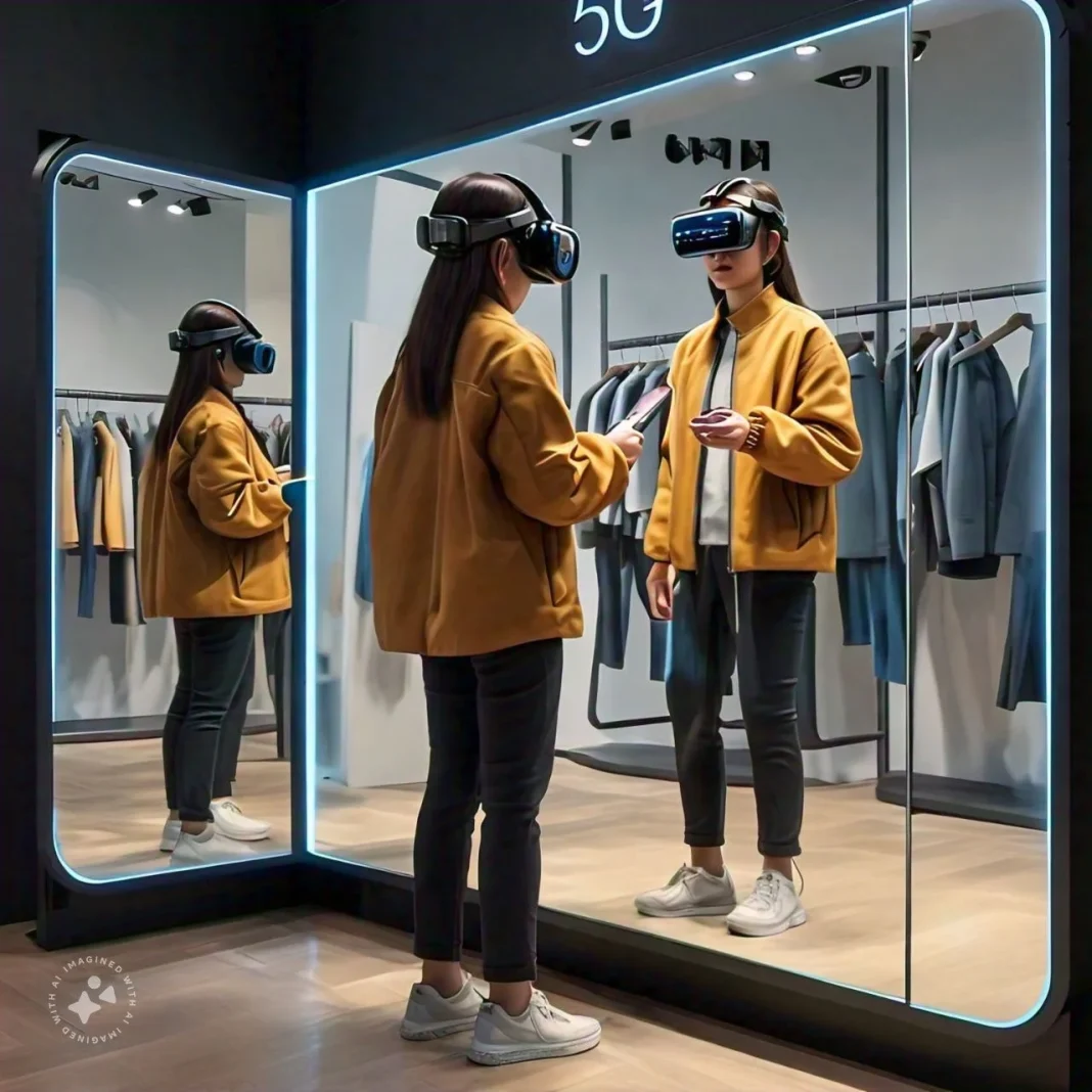 A person using virtual reality to try on clothes, with 5G network symbols in the background.