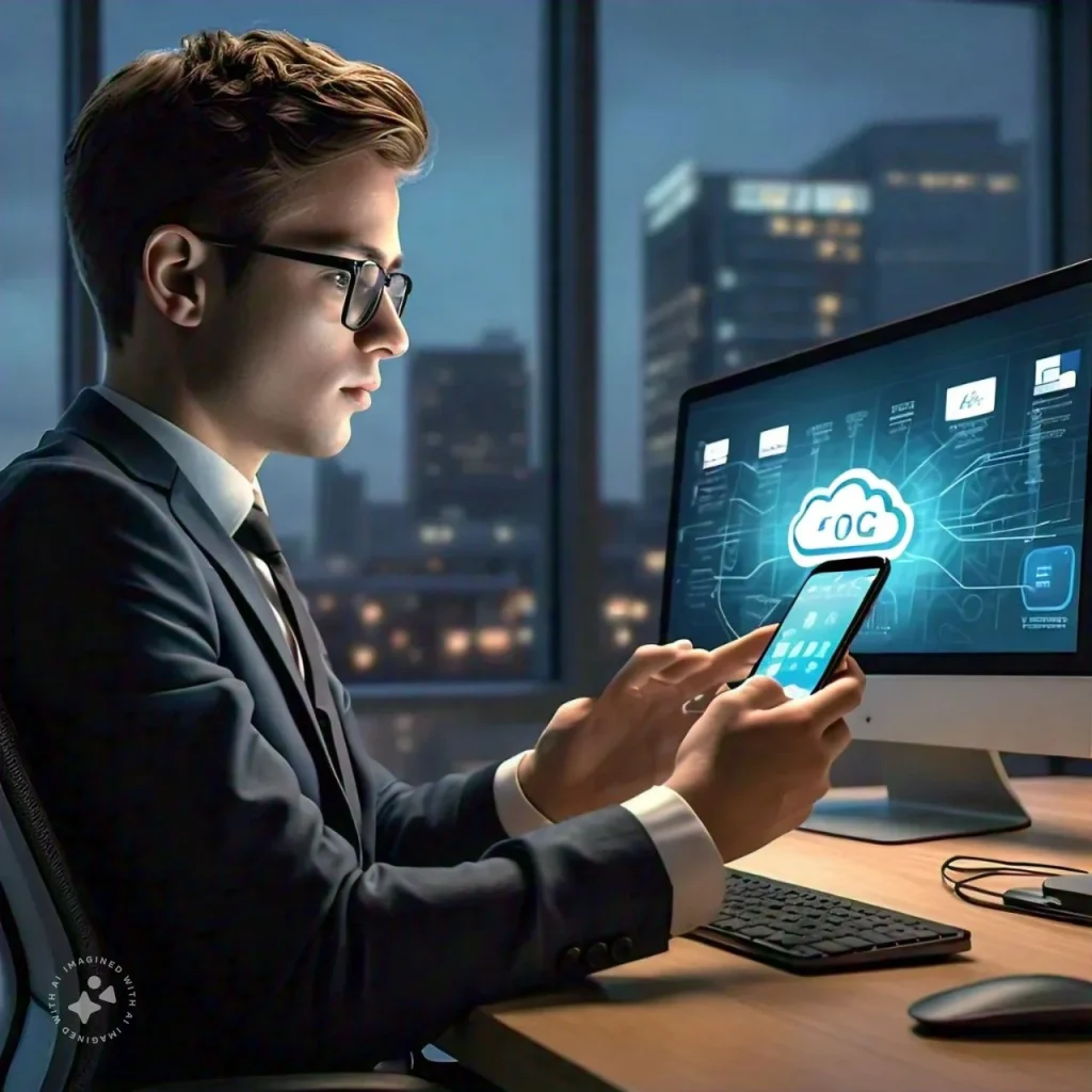 A business person using a mobile device to access cloud data, with cloud and speed icons.