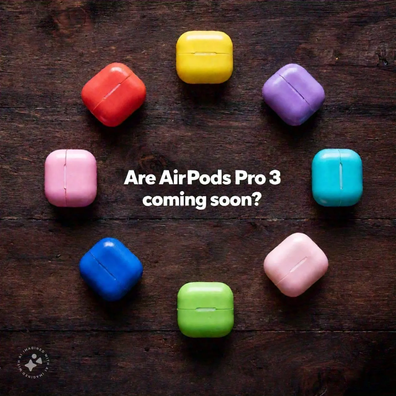 A circle of colorful AirPods cases on a wooden surface with the text "Are AirPods Pro 3 coming soon?" in the center.