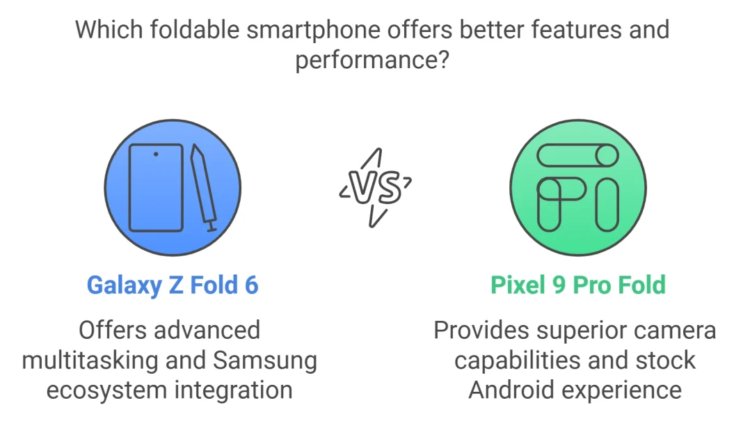 Image comparing two foldable smartphones: Galaxy Z Fold 6 and Pixel 9 Pro Fold.