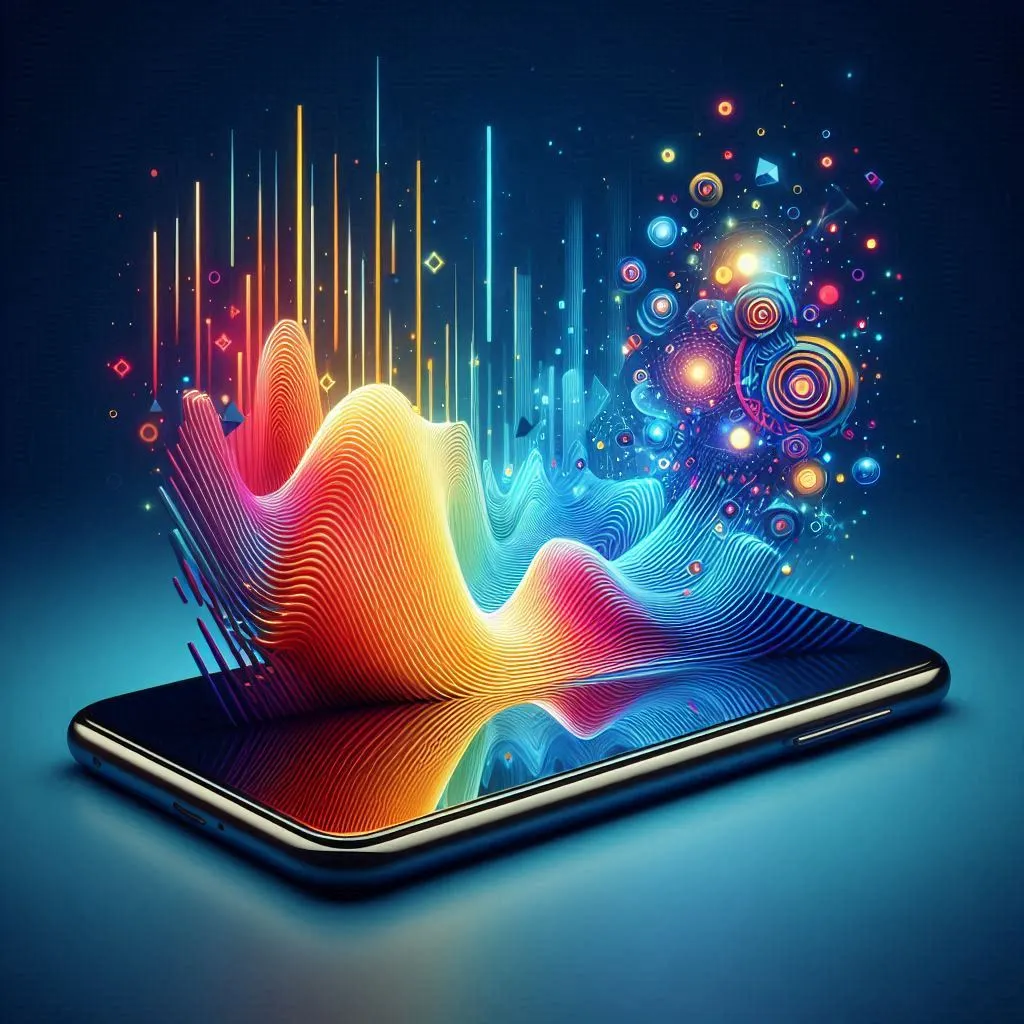 A smartphone with a vibrant, colorful, and abstract digital wave emerging from its screen, showcasing Samsung Super HDR technology. The wave consists of various bright colors including red, orange, yellow, green, blue, and purple, and is surrounded by an array of geometric shapes and glowing orbs, creating a dynamic and futuristic visual effect.