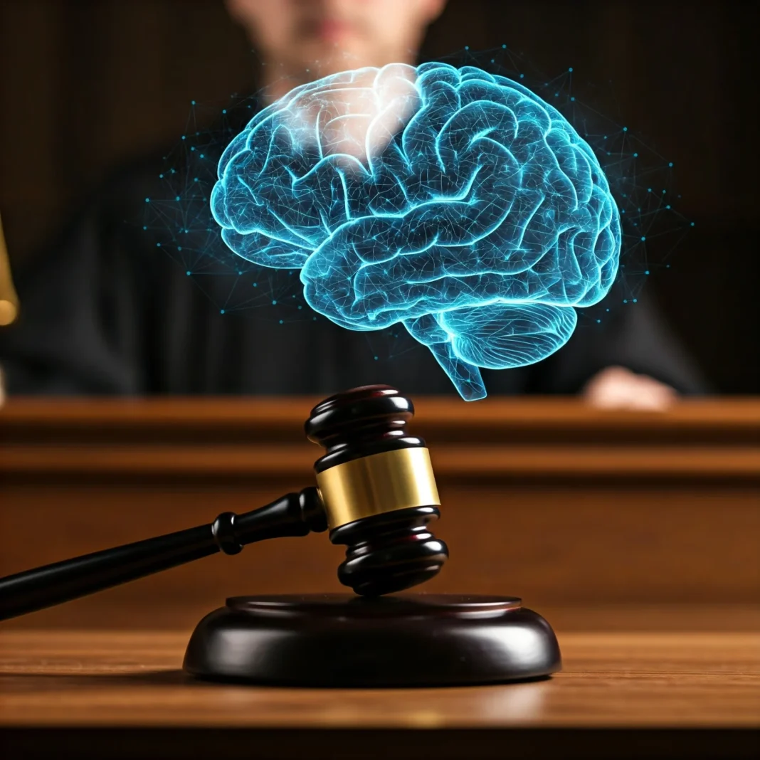 A gavel striking a sound block on a judge's desk in a courtroom, with a faint holographic projection of a human brain shimmering in the air above.