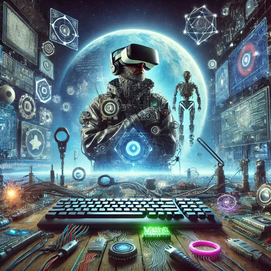 A futuristic scene featuring a person wearing a virtual reality headset and surrounded by holographic displays and advanced technology. The background shows a large moon, and various digital and mechanical elements are scattered around, including a keyboard, wires, and circuit boards.