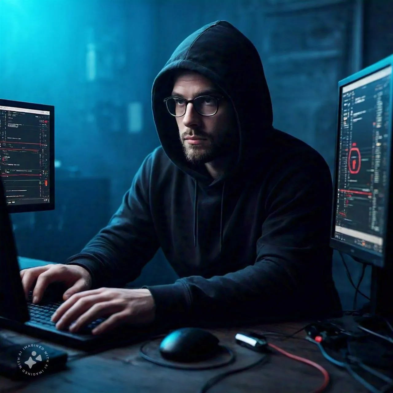 Zero-Click Exploits: A person wearing a dark hoodie, working on a laptop in a dimly lit room with two monitors displaying lines of code. The scene is illuminated by a blue light, creating a mysterious and intense atmosphere.