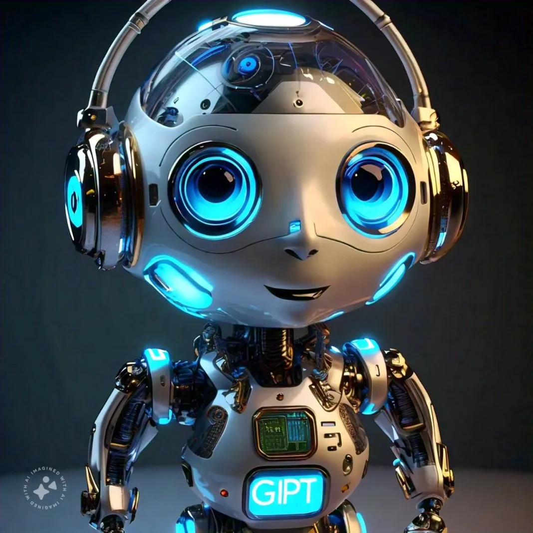 A futuristic robot with a glowing display reading 