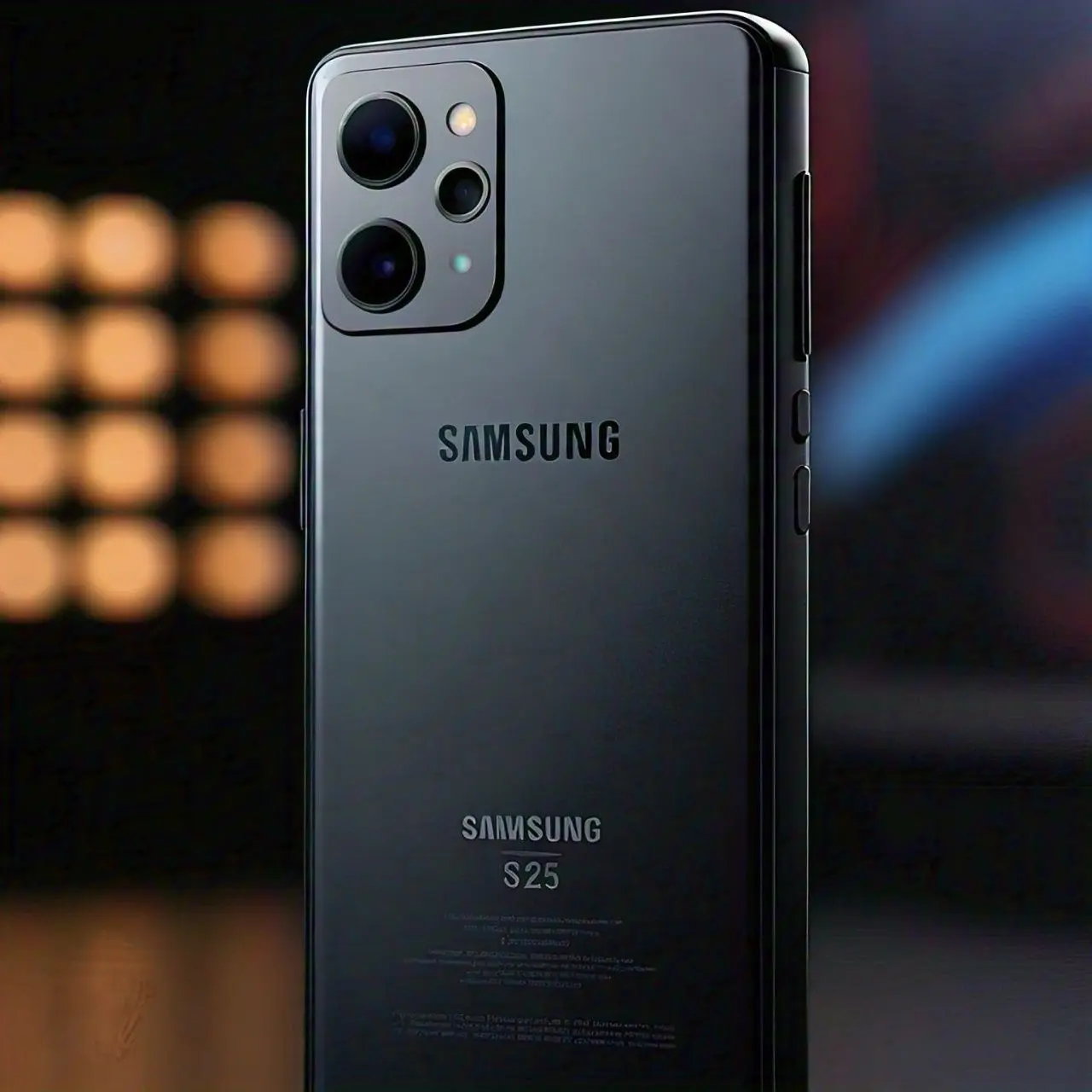 A sleek black Samsung smartphone labeled "S25" is shown from the back, highlighting its triple camera setup and the Samsung logo. The phone has a matte finish and is positioned against a blurred background with warm lights.