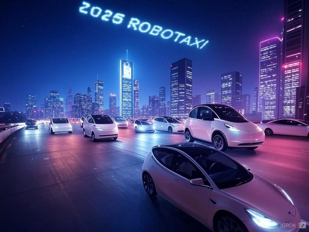 Imagine a city at night with lots of lights. There are many white driverless cars (robotaxis) moving on a big road. In the sky, big, bright letters spell out 