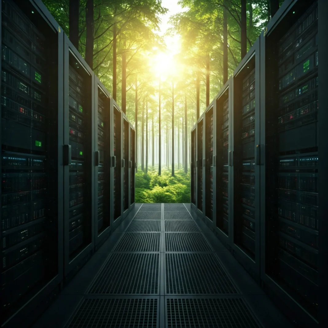 A server room with rows of glowing servers contrasted against a cracked, dry landscape, illustrating the high energy consumption of Generative AI.