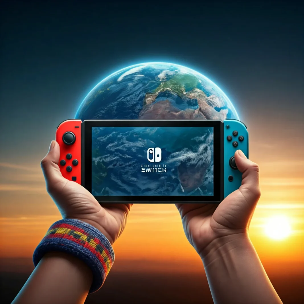 A Nintendo Switch 2, held by a gamer against a backdrop of the Earth.