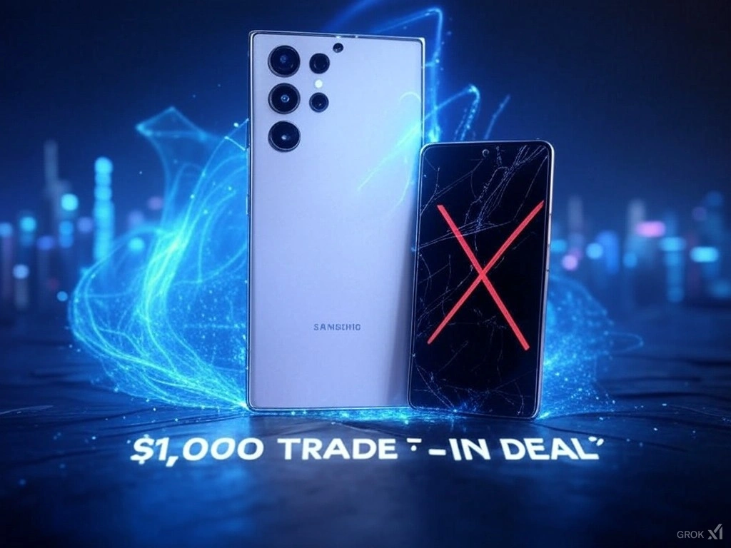 Image advertising the Samsung Galaxy S25 Ultra with a futuristic, neon-lit backdrop, showcasing a trade-in deal.