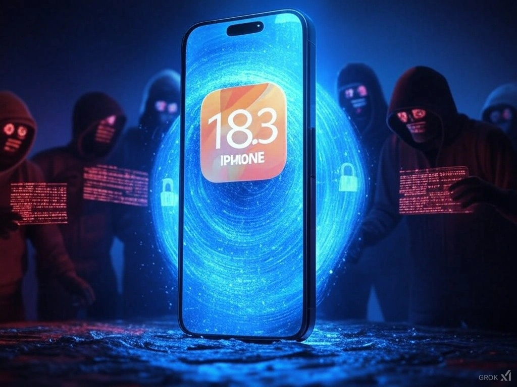 AI generated image of an iPhone 16 showing an iOS 18.3.1 security update notification. The phone is surrounded by glowing blue shields protecting it from red and black hacker threats. Dark background with neon highlights.