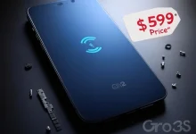 A sleek, modern iPhone 16e concept, 6.1-inch OLED display with thin bezels, no MagSafe rings on the back. Instead, a glowing Qi2 wireless charging symbol (blue) is centered. Subtle 'C1 5G' logo (gray) near the bottom antenna line. A white price tag sticker with '$599' and 'Price' in bold red floats beside the device. Dark matte background with faint disassembled tech parts (screws, circuit boards, battery adhesive strips). Soft shadows, studio lighting. Grok 3 watermark (translucent, bottom-right corner). Render in hyper-realistic style, muted colors, minimalist aesthetic.