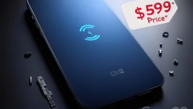 A sleek, modern iPhone 16e concept, 6.1-inch OLED display with thin bezels, no MagSafe rings on the back. Instead, a glowing Qi2 wireless charging symbol (blue) is centered. Subtle 'C1 5G' logo (gray) near the bottom antenna line. A white price tag sticker with '$599' and 'Price' in bold red floats beside the device. Dark matte background with faint disassembled tech parts (screws, circuit boards, battery adhesive strips). Soft shadows, studio lighting. Grok 3 watermark (translucent, bottom-right corner). Render in hyper-realistic style, muted colors, minimalist aesthetic.