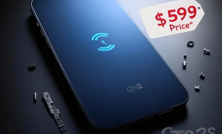 A sleek, modern iPhone 16e concept, 6.1-inch OLED display with thin bezels, no MagSafe rings on the back. Instead, a glowing Qi2 wireless charging symbol (blue) is centered. Subtle 'C1 5G' logo (gray) near the bottom antenna line. A white price tag sticker with '$599' and 'Price' in bold red floats beside the device. Dark matte background with faint disassembled tech parts (screws, circuit boards, battery adhesive strips). Soft shadows, studio lighting. Grok 3 watermark (translucent, bottom-right corner). Render in hyper-realistic style, muted colors, minimalist aesthetic.