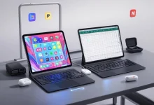 Modern, minimalist 3D illustration of a 2024 iPad Pro (displaying Procreate artwork) and a 2025 iPad 11th Gen (showing an Excel spreadsheet) on a dark gray desk. Include: Key accessories: Apple Pencil Pro hovering above the Pro, Magic Keyboard attached, Thunderbolt 4 dock with glowing cable, PITAKA MagEZ Case 2 (Pro) and OtterBox Symmetry (11th Gen), AirPods Pro in an open case. Styling: Clean, Apple-esque aesthetic with soft studio lighting, metallic grays/matte blacks, and subtle pops of silver/space gray. Tech accents: Floating app icons (Adobe, Notion), glowing connectors, and abstract geometric shadows. Mood: Futuristic, professional, and creatively aspirational. Render ultra-HD with crisp details, no text.