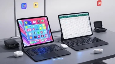 Modern, minimalist 3D illustration of a 2024 iPad Pro (displaying Procreate artwork) and a 2025 iPad 11th Gen (showing an Excel spreadsheet) on a dark gray desk. Include: Key accessories: Apple Pencil Pro hovering above the Pro, Magic Keyboard attached, Thunderbolt 4 dock with glowing cable, PITAKA MagEZ Case 2 (Pro) and OtterBox Symmetry (11th Gen), AirPods Pro in an open case. Styling: Clean, Apple-esque aesthetic with soft studio lighting, metallic grays/matte blacks, and subtle pops of silver/space gray. Tech accents: Floating app icons (Adobe, Notion), glowing connectors, and abstract geometric shadows. Mood: Futuristic, professional, and creatively aspirational. Render ultra-HD with crisp details, no text.