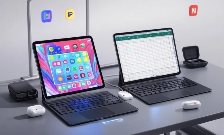 Modern, minimalist 3D illustration of a 2024 iPad Pro (displaying Procreate artwork) and a 2025 iPad 11th Gen (showing an Excel spreadsheet) on a dark gray desk. Include: Key accessories: Apple Pencil Pro hovering above the Pro, Magic Keyboard attached, Thunderbolt 4 dock with glowing cable, PITAKA MagEZ Case 2 (Pro) and OtterBox Symmetry (11th Gen), AirPods Pro in an open case. Styling: Clean, Apple-esque aesthetic with soft studio lighting, metallic grays/matte blacks, and subtle pops of silver/space gray. Tech accents: Floating app icons (Adobe, Notion), glowing connectors, and abstract geometric shadows. Mood: Futuristic, professional, and creatively aspirational. Render ultra-HD with crisp details, no text.