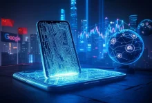 HONOR's $10B AI vision: Futuristic smartphone with glowing circuits over Shenzhen skyline, linked to Google and Qualcomm logos, AI-globe nodes, and IPO stock graphs in hyper-realistic 3D style.