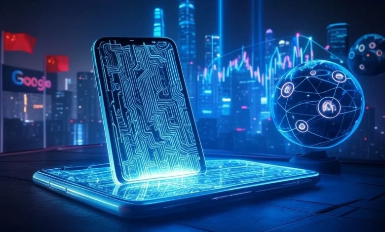 HONOR's $10B AI vision: Futuristic smartphone with glowing circuits over Shenzhen skyline, linked to Google and Qualcomm logos, AI-globe nodes, and IPO stock graphs in hyper-realistic 3D style.