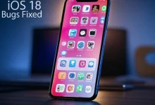 iPhone displaying iOS 18 interface with app icons on a wooden desk. Text 'iOS 18 Bugs Fixed' highlights solutions, set against a blue gradient and blurred office backdrop