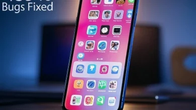 iPhone displaying iOS 18 interface with app icons on a wooden desk. Text 'iOS 18 Bugs Fixed' highlights solutions, set against a blue gradient and blurred office backdrop