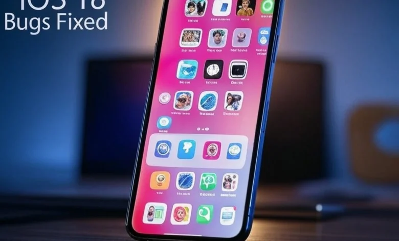 iPhone displaying iOS 18 interface with app icons on a wooden desk. Text 'iOS 18 Bugs Fixed' highlights solutions, set against a blue gradient and blurred office backdrop