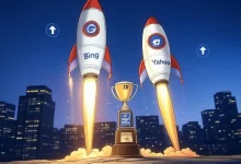 Cartoon rockets labeled Bing and Yahoo launching a website to Google's first page, with a 'Top Rank' trophy and search bar arrows pointing upward.