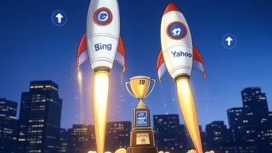 Cartoon rockets labeled Bing and Yahoo launching a website to Google's first page, with a 'Top Rank' trophy and search bar arrows pointing upward.